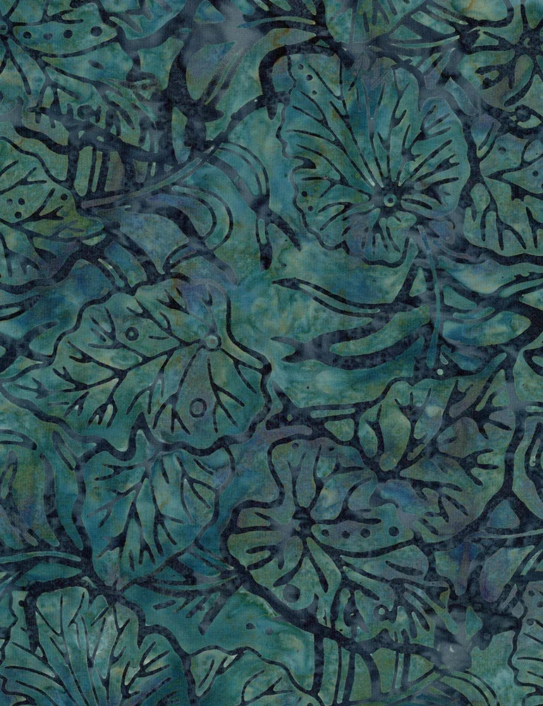 Teal quilting fabric with abstract seaweed leaf motifs
