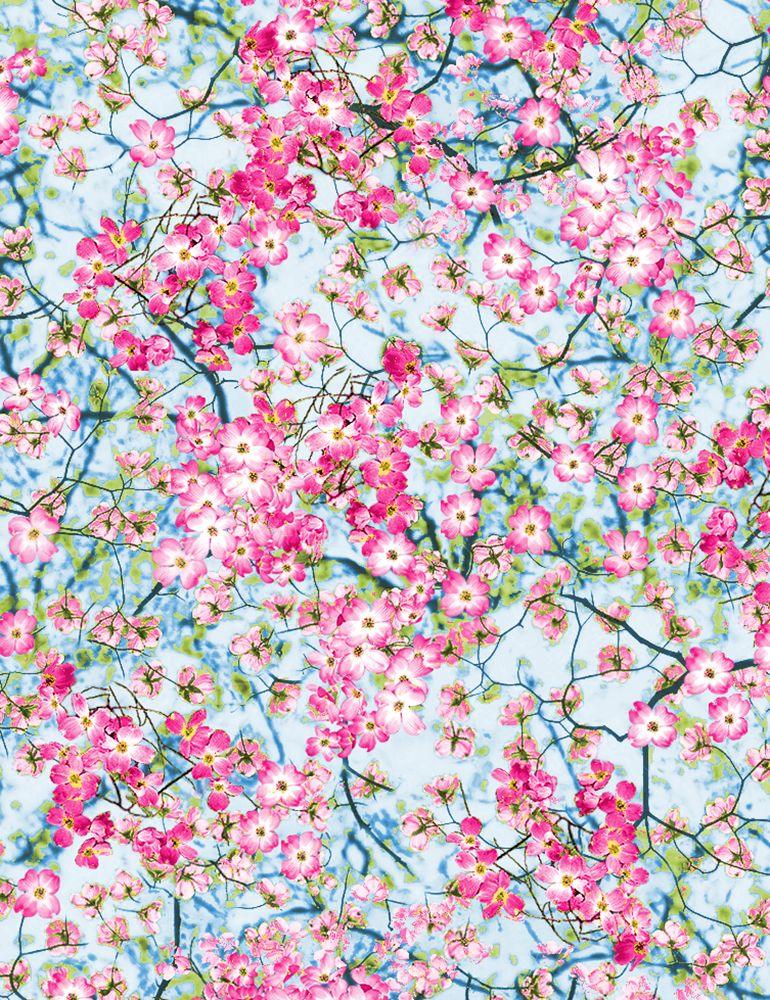 Floral fabric with pink and white blossoms on light blue background