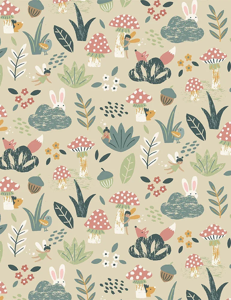 Decorative fabric with woodland bunny, mushroom and leaf pattern, multicolor