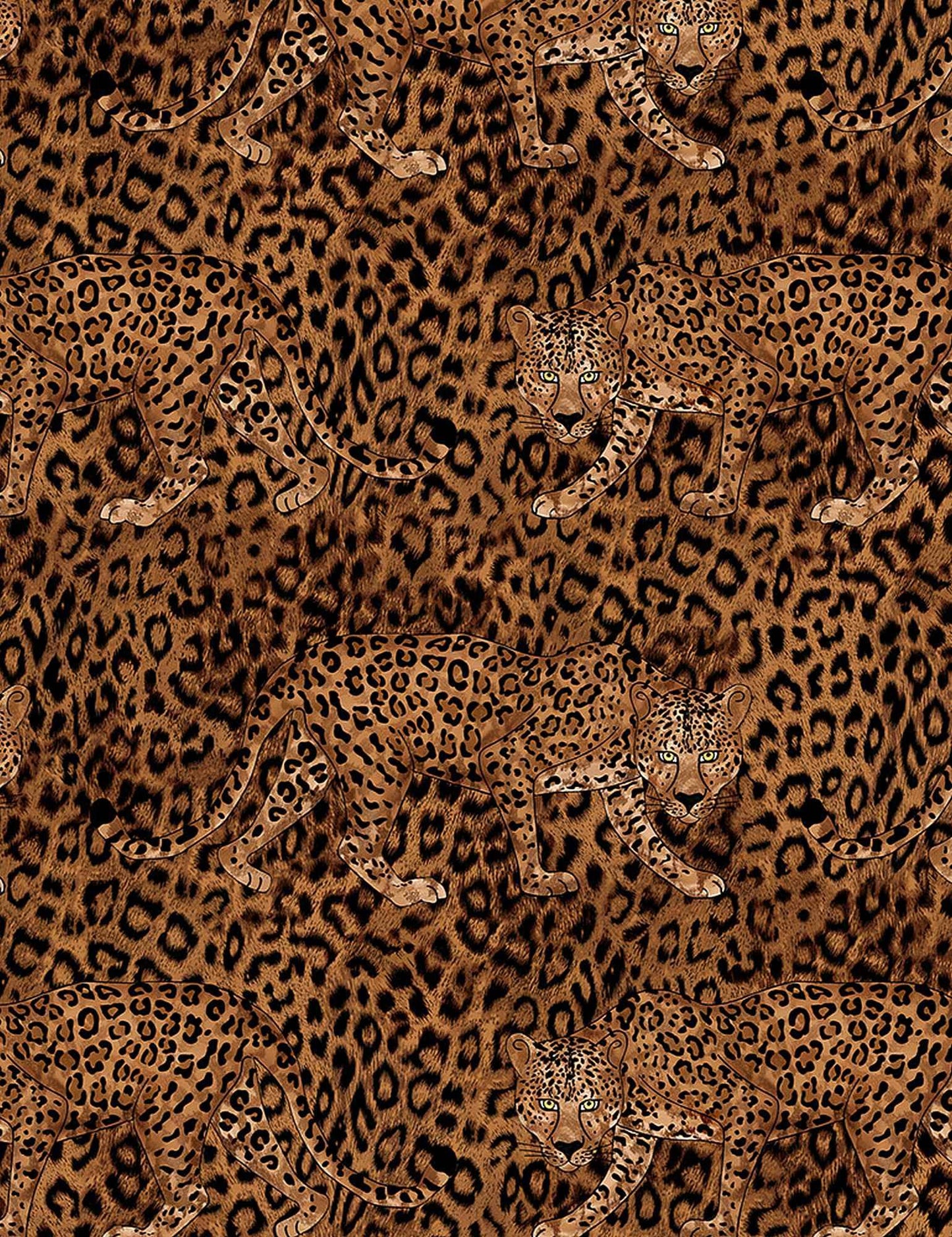 Leopard print fabric with brown background and dark spots, repeating animal pattern