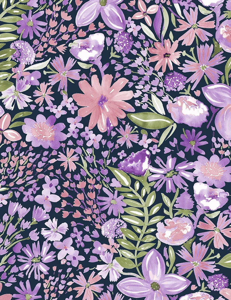 Floral print fabric with pastel pink and lavender flowers, green leaves, and unicorn silhouettes.