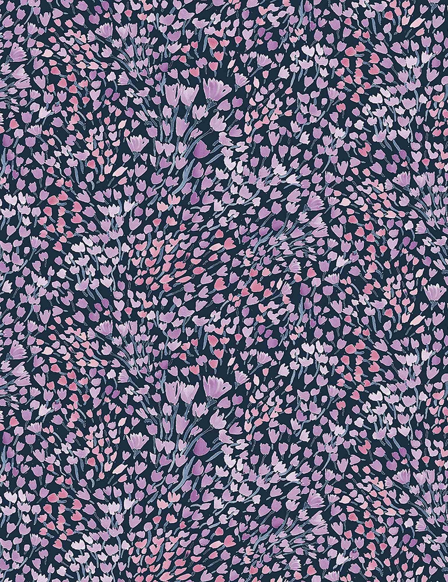 Navy cotton fabric with pink ditsy floral and small unicorn motifs