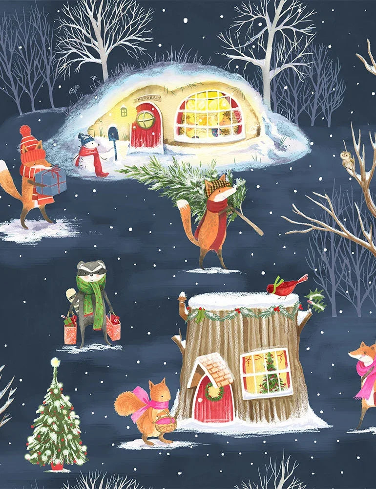 Christmas fabric panel with snowy house, foxes, cats, and farm animals in night scene
