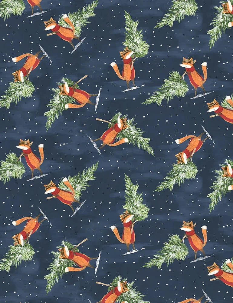 Dark blue fabric with scattered tree branches and orange-red birds print