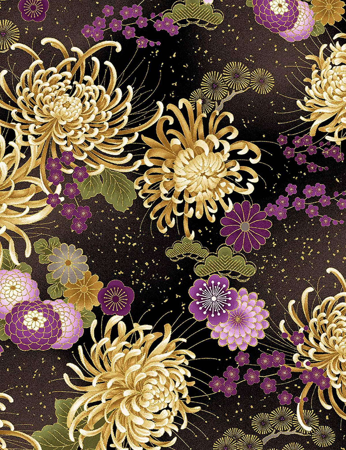 Dark fabric with metallic gold and purple floral pattern