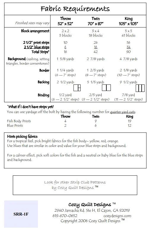 Quilt fabric requirements chart with yardage and cutting notes for Fish Body Prints
