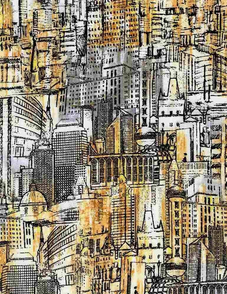 Cityscape sketch wall art print with tall buildings and street details