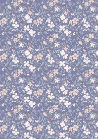 Floral fabric swatch on dark hyacinth blue with small white flower sprigs