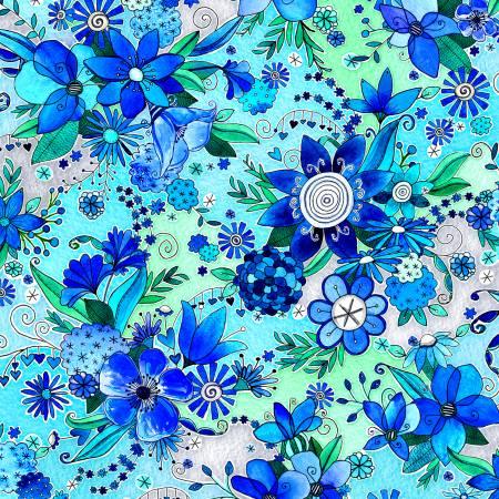 Blue floral fabric with layered flowers, leaves, and whimsical decorative accents