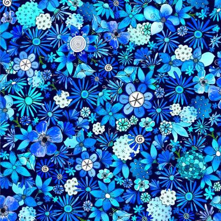 Navy floral fabric swatch with small blue and white flower motifs