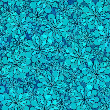 Blue floral fabric with tonal flower outlines and filled petals