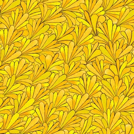 Yellow fan-style patterned fabric swatch with overlapping wave lines