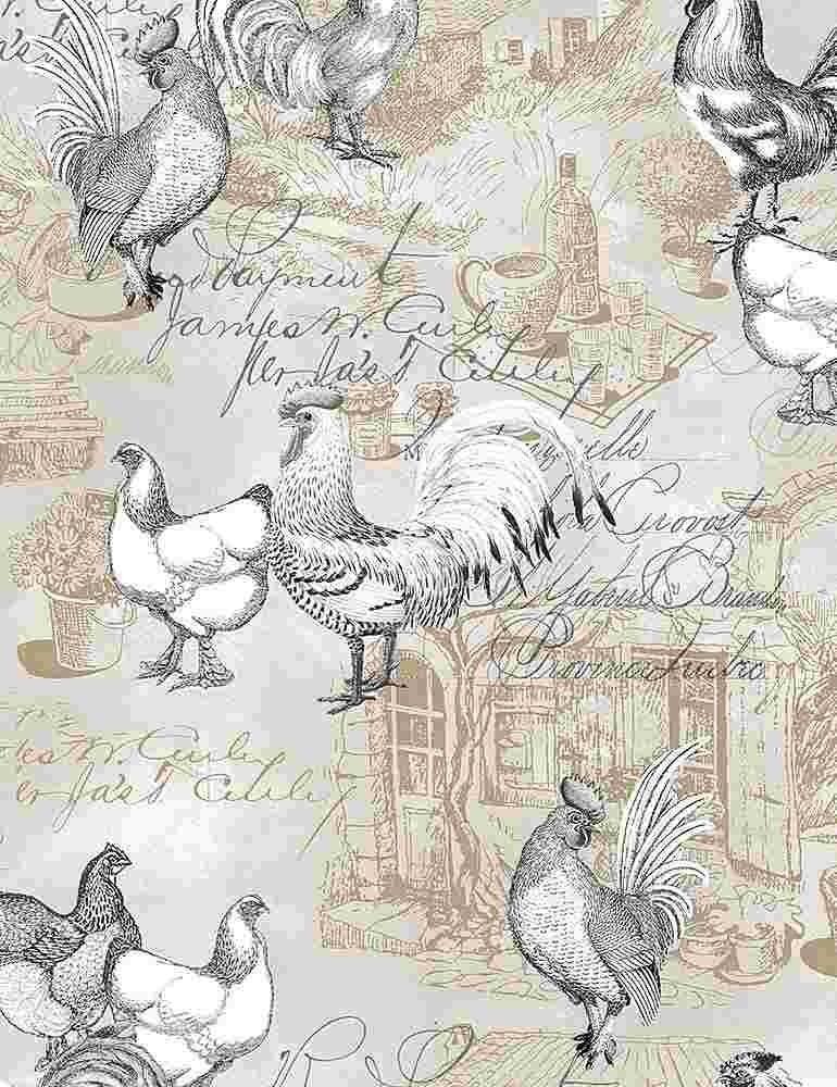 French grey chicken print fabric with cursive text, half-yard cut