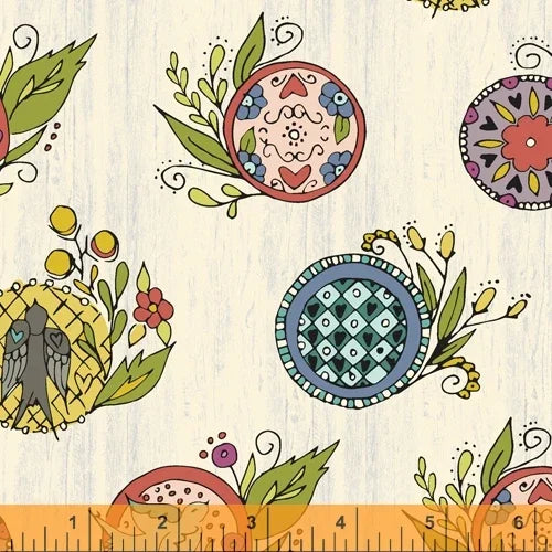 Quilt fabric with colorful circular wreath button motifs and leafy accents