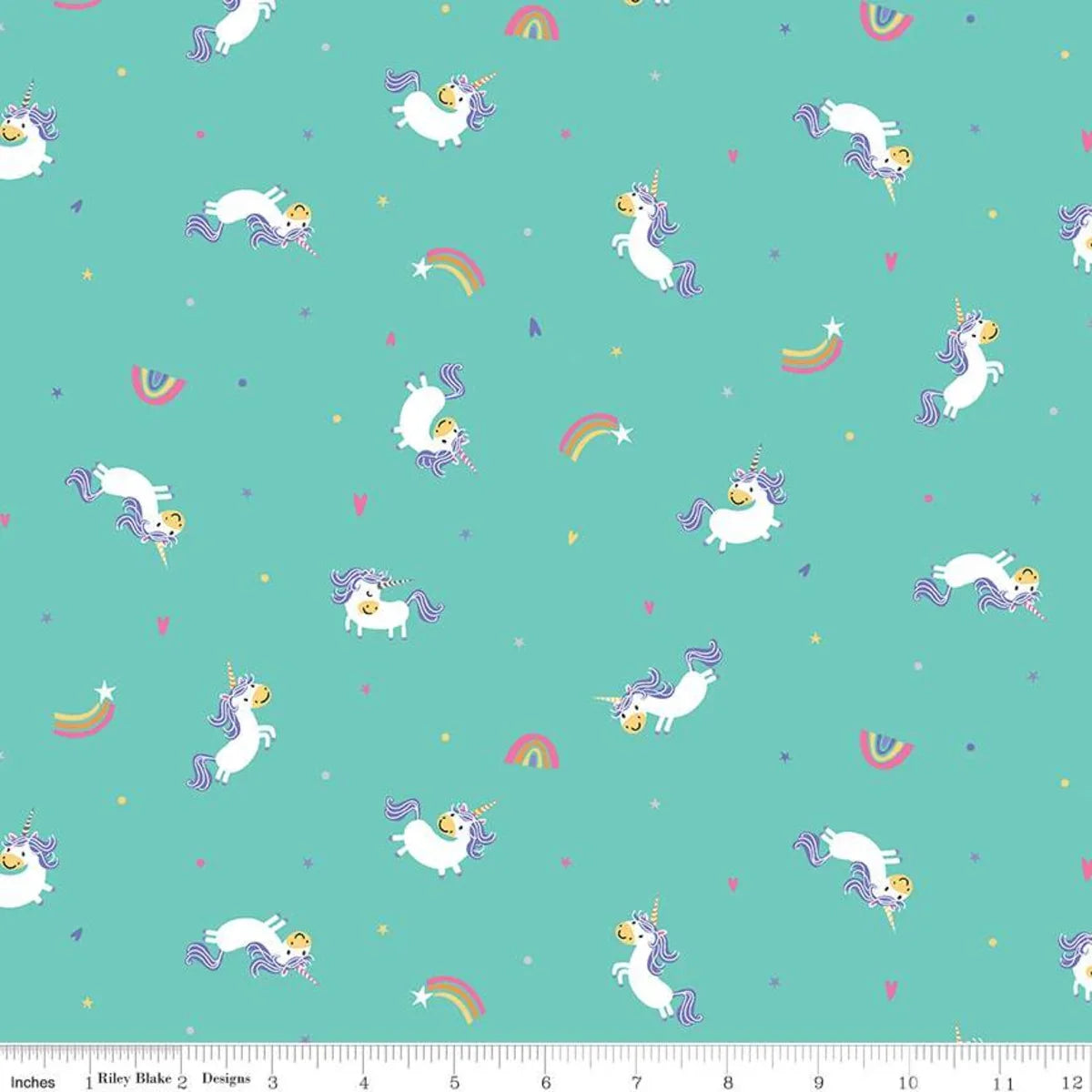 Teal cotton fabric with scattered white unicorns, rainbows, and stars pattern