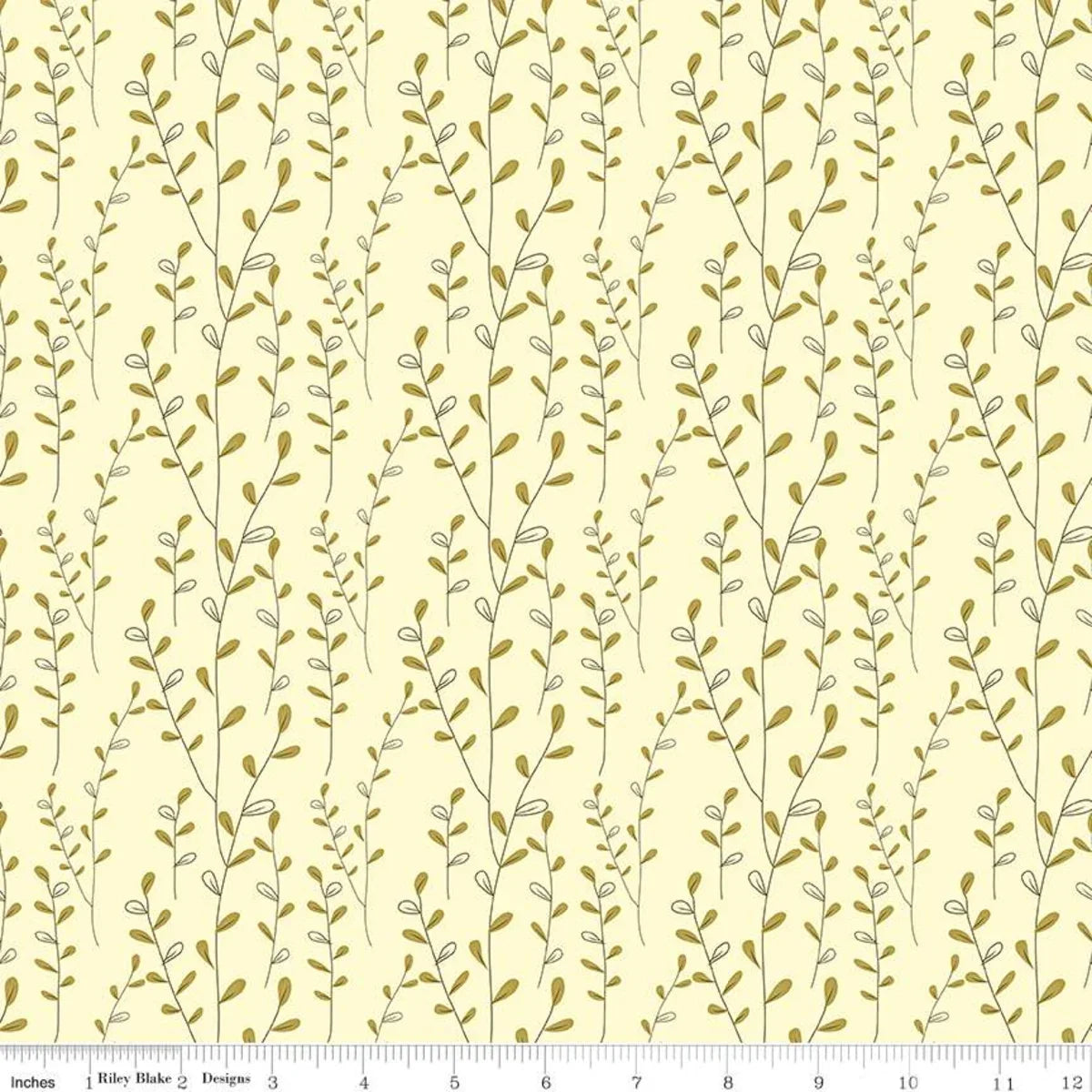 Cream cotton fabric with repeating green autumn vine and leaf pattern