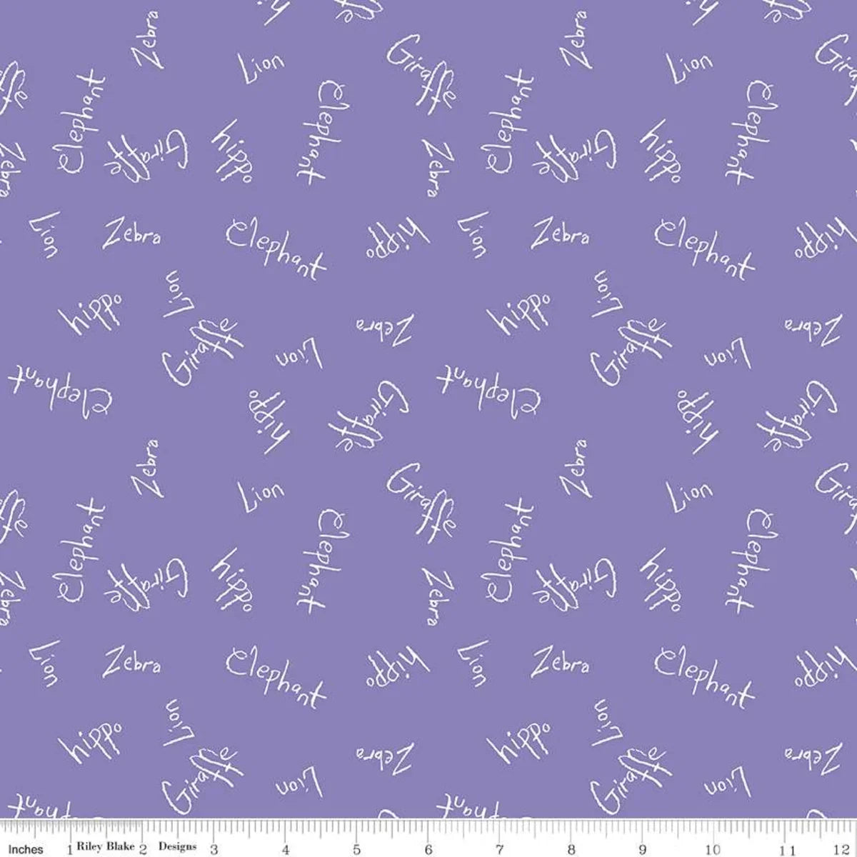 Wisteria purple fabric with playful animal word pattern, small text repeat