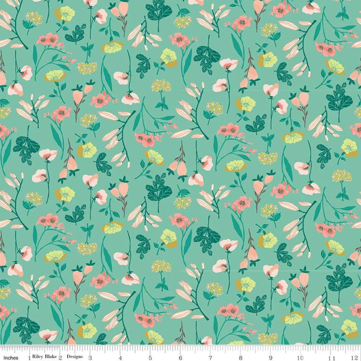 Floral quilting fabric on teal background with pastel flowers, leaves, and small birds