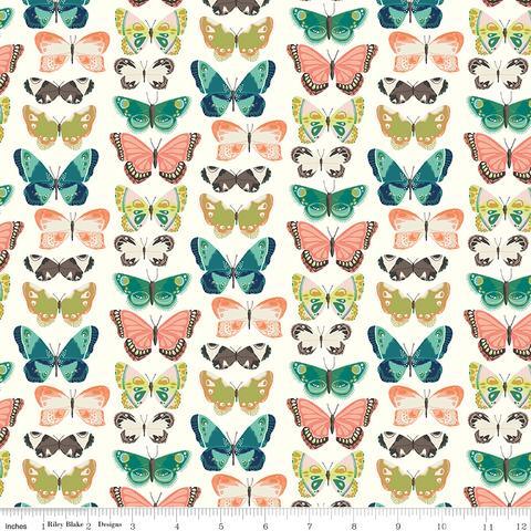 Butterfly print quilting cotton fabric, cream base with multicolor butterflies and moths
