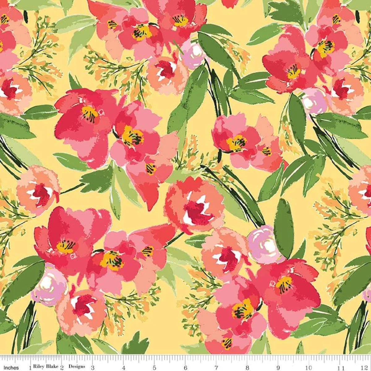 Floral quilting fabric with pink and coral blossoms on a yellow background
