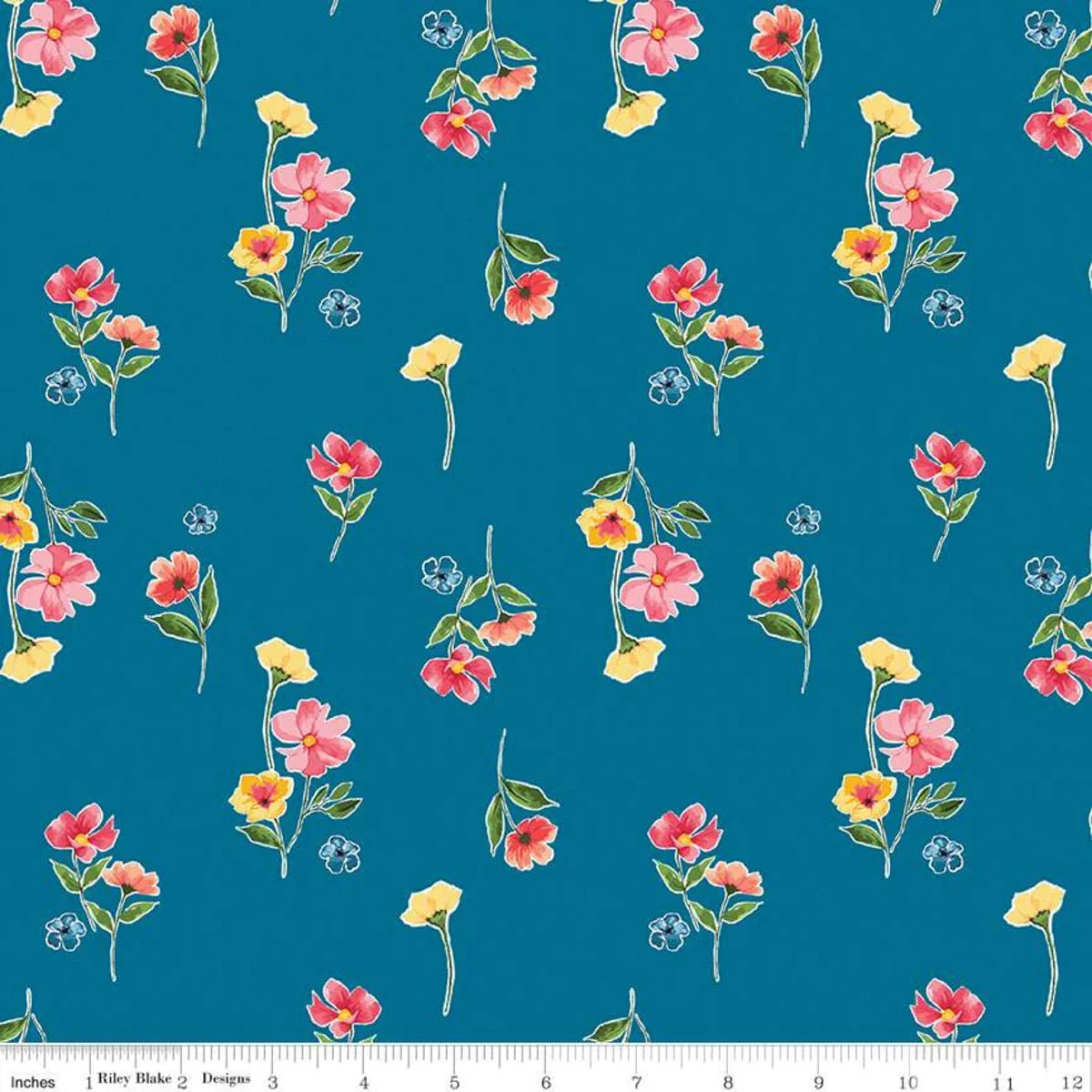 Blue fabric with scattered multicolor flower sprig pattern and small blossoms