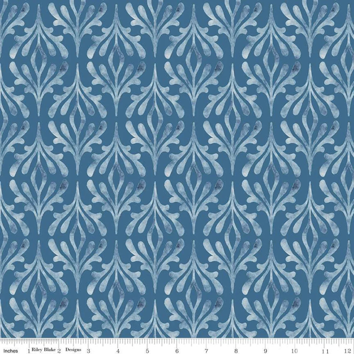 Damask blue cotton fabric with repeating leaf and scroll pattern