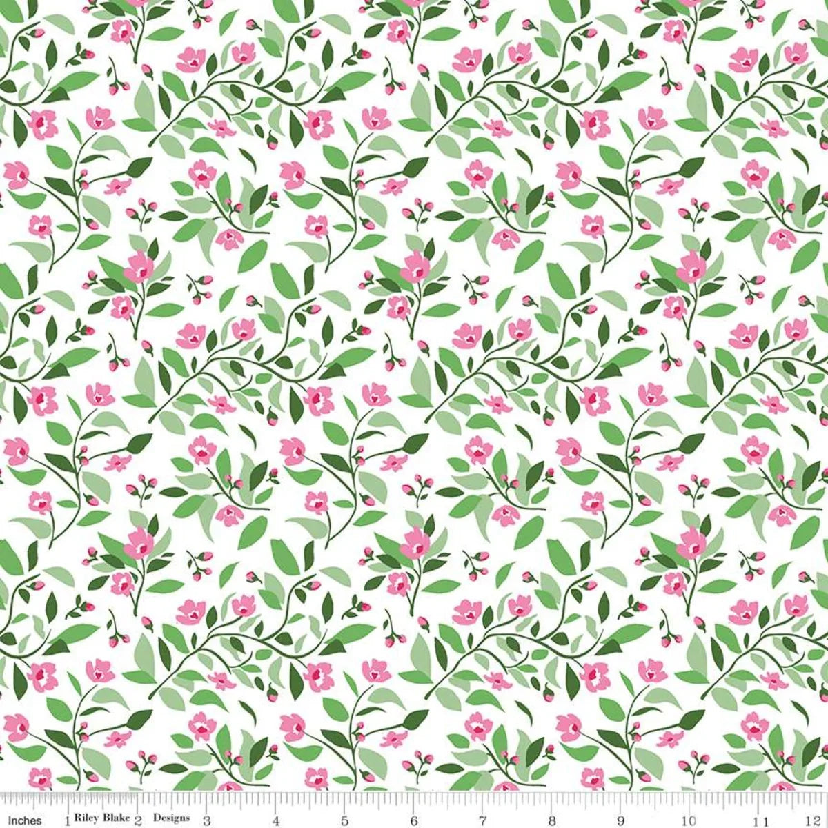 Green floral vine cotton fabric with pink blossoms and small leaves