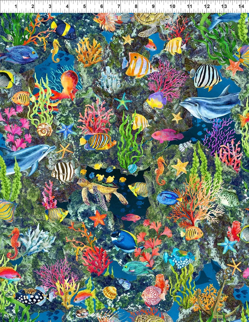 Reef blue ocean print fabric remnant with coral, starfish and tropical fish
