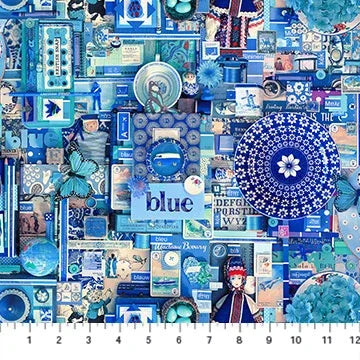 Blue collage cotton fabric with mixed blue motifs and geometric shapes