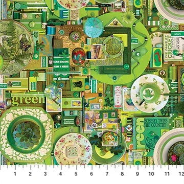 Green patterned fabric with collage motifs, letters, borders, and circular designs