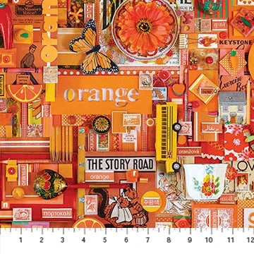 Orange printed fabric collage with flowers, motifs, and small text elements