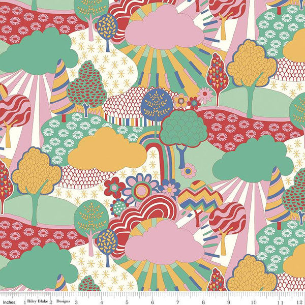Colorful cotton fabric with trees, suns, and striped tents novelty pattern