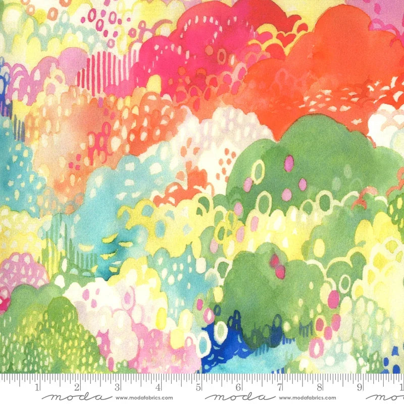Colorful treetop leaf fabric with layered multi-leaf pattern in greens, oranges, pinks