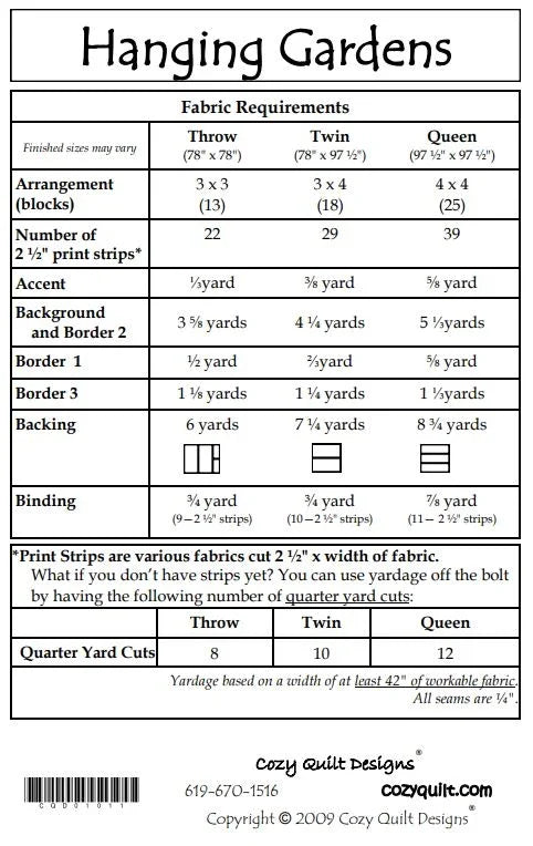 Quilt pattern fabric requirements yardage chart on paper, titled Hanging Gardens