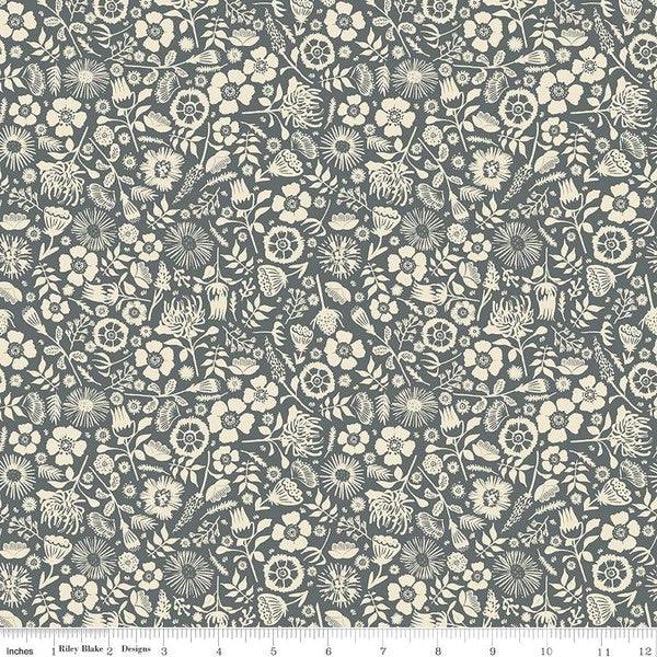 Gray-blue fabric with cream floral and leaf pattern, repeating vines