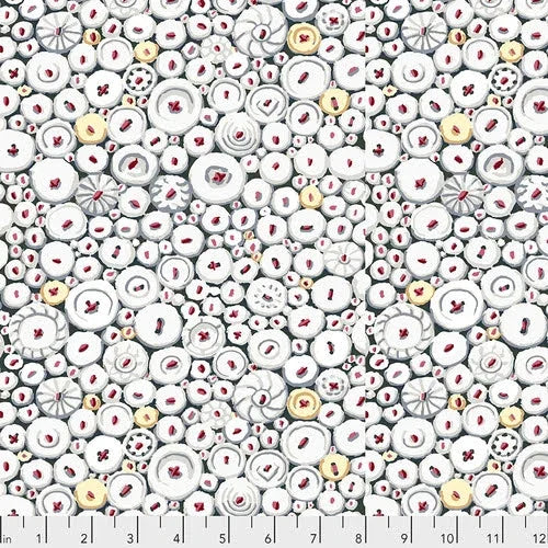 White button mosaic fabric with gray, red, and yellow circular motifs