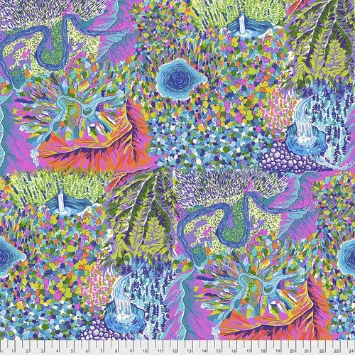 Colorful quilt fabric with seahorse, shells, leaves, and abstract floral motifs