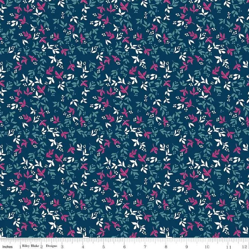 Navy fabric with small foliage leaves and flowers in pink and white