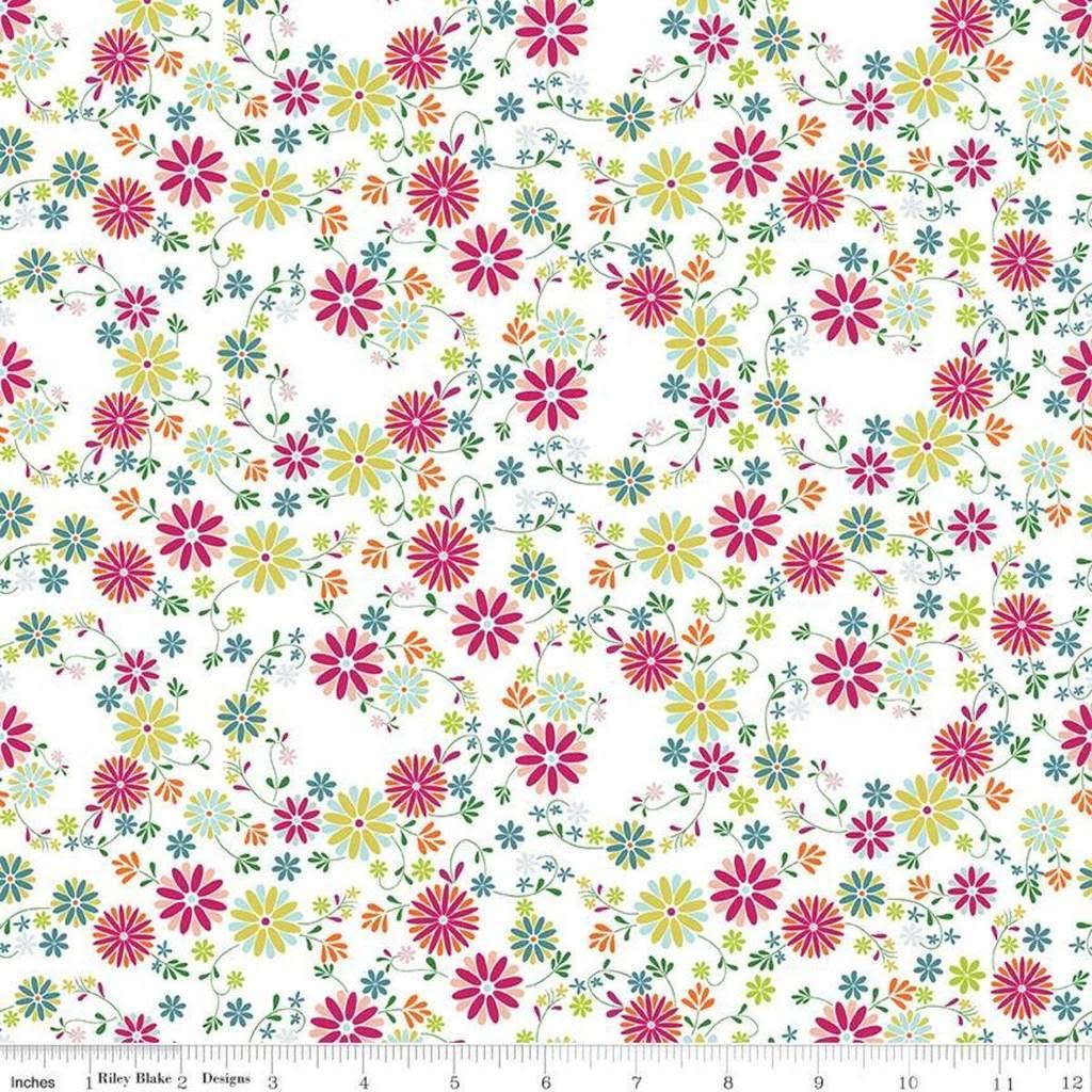 Cream cotton fabric with small multi-color flower wreath pattern and scattered blossoms