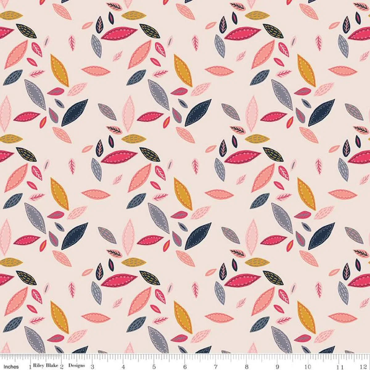 Cream cotton fabric with colorful leaf and feather pattern, all-over print