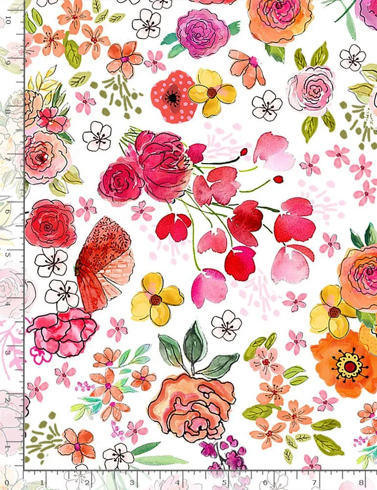 White fabric with large colorful floral print, flowers and butterflies.