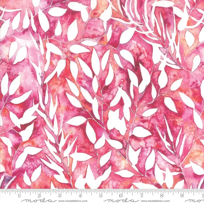 Printed fabric with fuchsia-pink botanical pattern and white leaf shapes