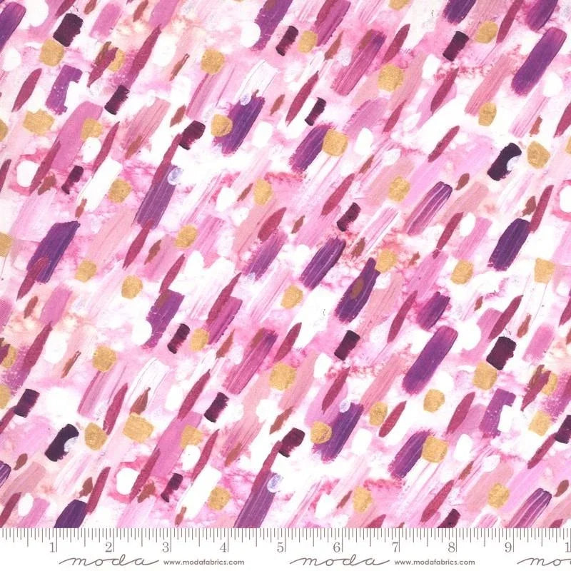 Printed cotton fabric, pink and white with purple strokes and gold speckles