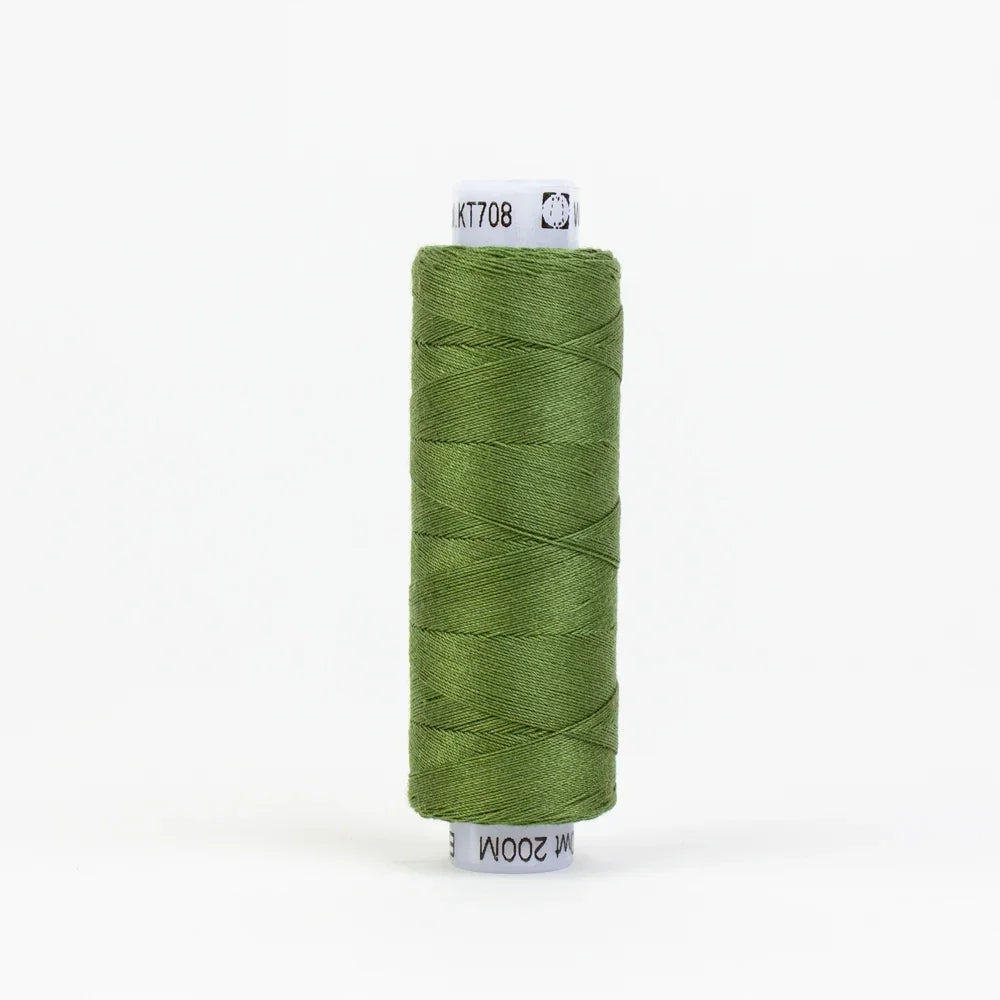 Dark olive green embroidery thread spool, tightly wound with visible stitch-like strands