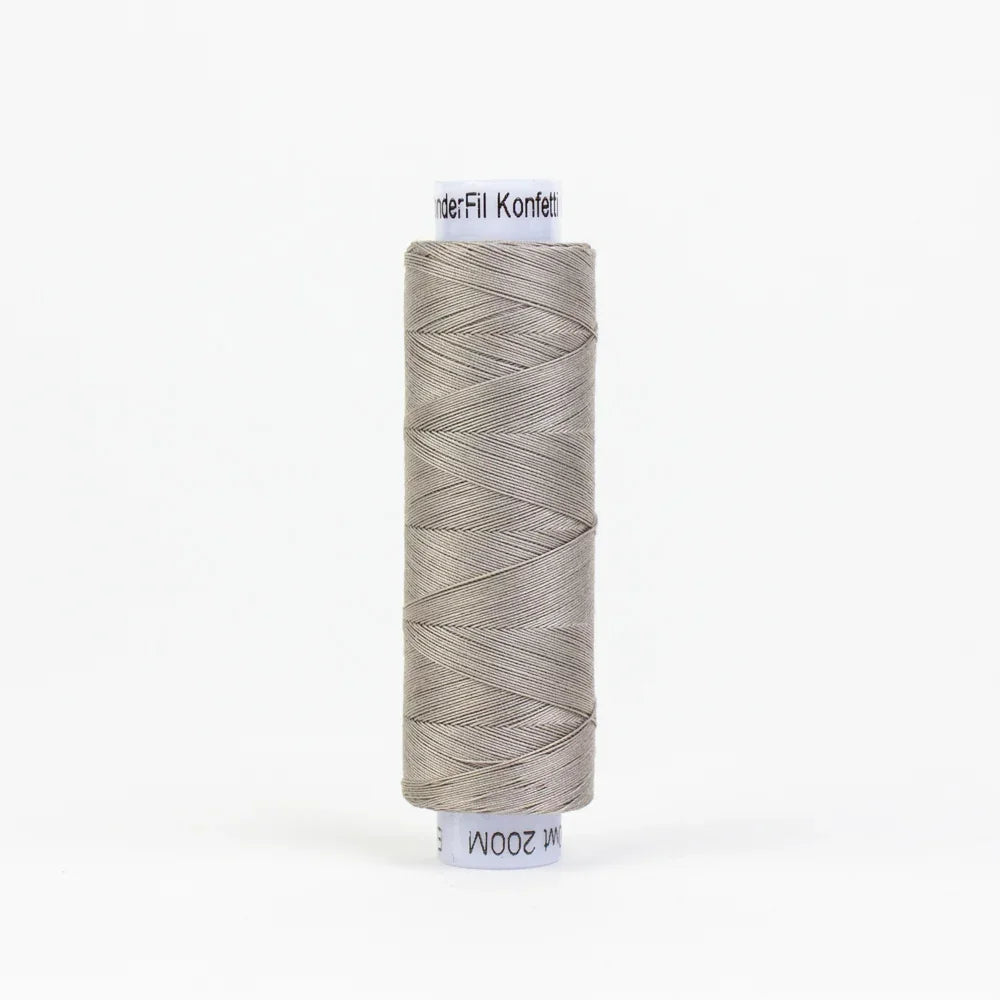Konfetti sterling grey sewing thread spool, wound on a cylindrical reel