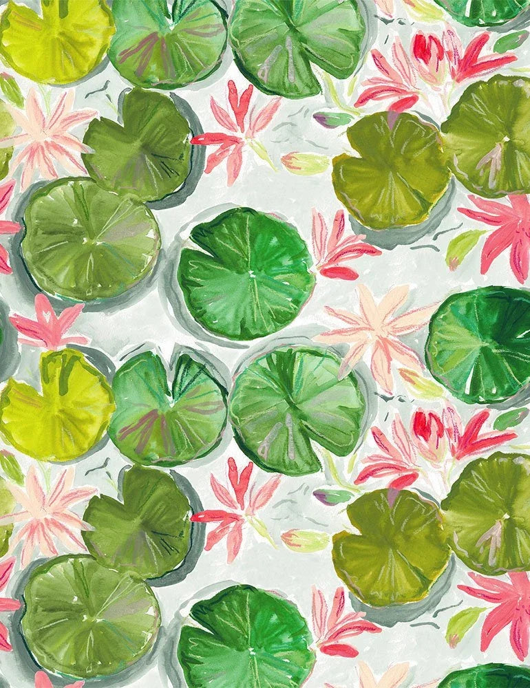 Lily pads pattern fabric with green pads and pink-red flowers