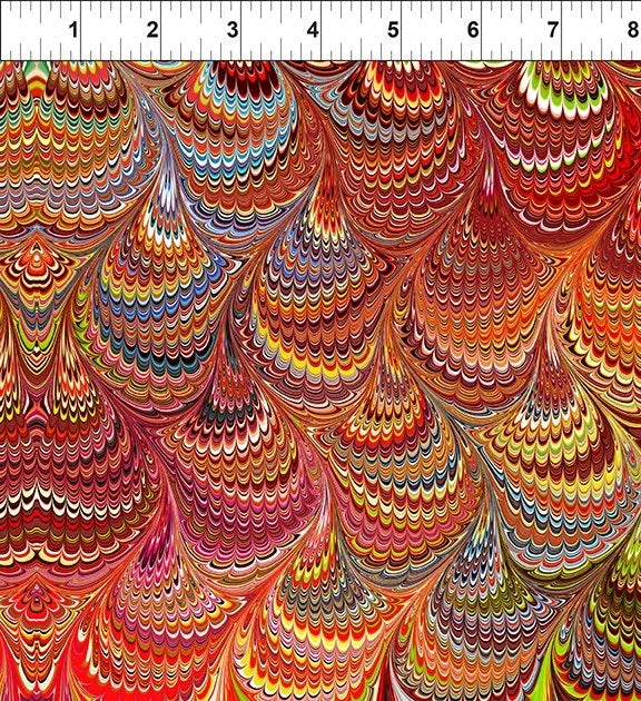 Multicolor scalloped wave pattern fabric, multitone red orange yellow green blue