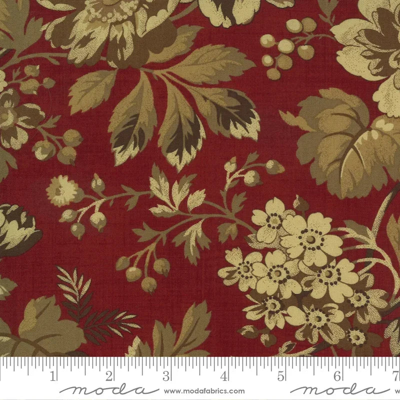 Floral cotton fabric in turkey red with gold and olive botanical pattern swatch
