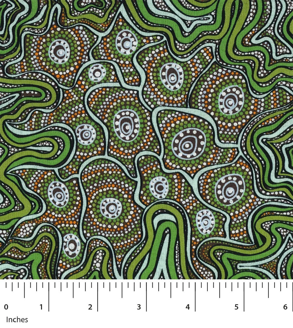 Green patterned fabric with circular dot motifs and wavy lines