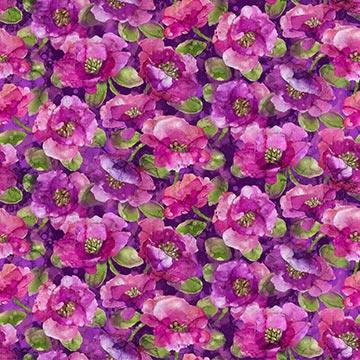 Floral quilting fabric with purple and pink blossoms and green leaves